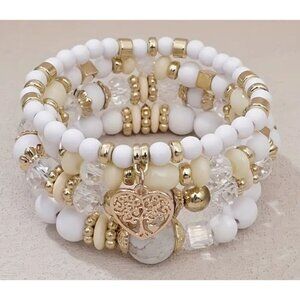 Luxurious Gold & White Beaded‎ Bracelet Set With Heart Charm